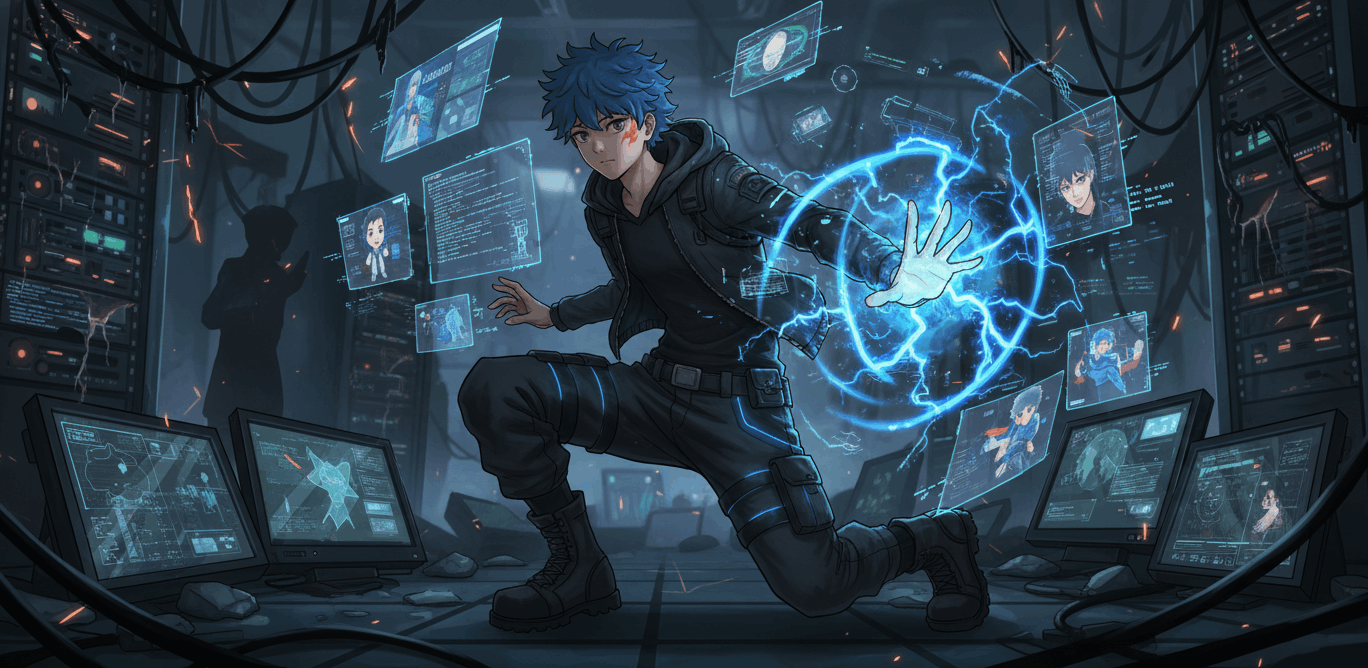 BOY:SCAR hacker character with glowing digital scar code - Scar Code story illustration