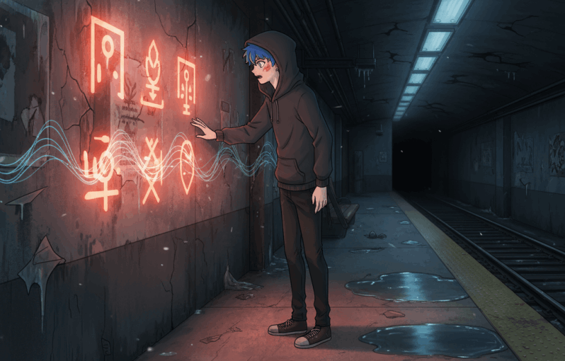 BOY:SCAR character in abandoned subway station with glowing symbols - Silent Signal story art